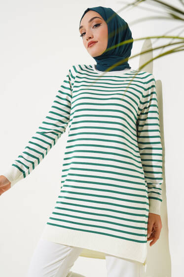Yatay Çizgili Triko Tunik Yeşil - Triko Tunik