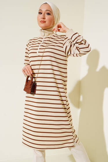 Yatay Çizgili Yaka Fermuarlı Tunik Kahve - Tunik