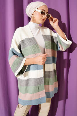 Yatay Çizgili Yarım Kol Triko Hırka Ekru - VANİZA TRİKO