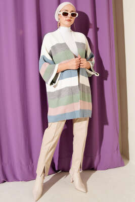 Yatay Çizgili Yarım Kol Triko Hırka Ekru - Hırka