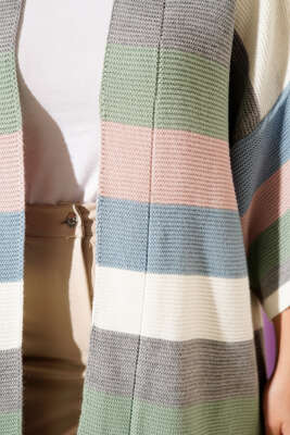 Yatay Çizgili Yarım Kol Triko Hırka Ekru - Hırka