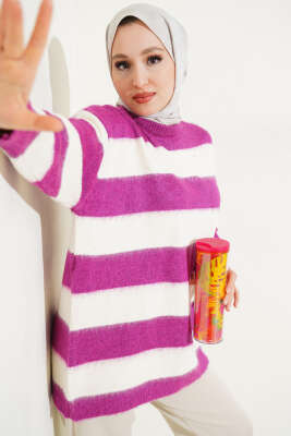 Yatay Çizgili Yumoş Triko Tunik Fuşya 