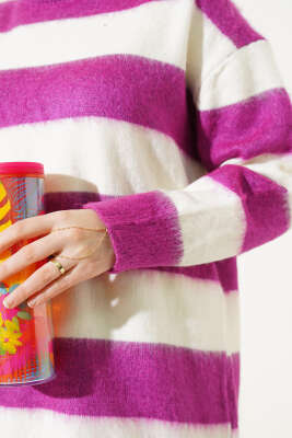 Yatay Çizgili Yumoş Triko Tunik Fuşya - Triko Tunik