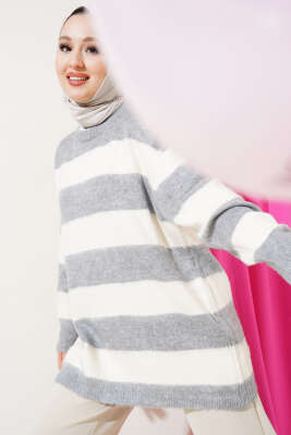 Yatay Çizgili Yumoş Triko Tunik Gri 