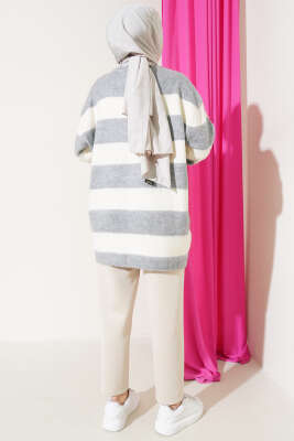 Yatay Çizgili Yumoş Triko Tunik Gri - Triko Tunik