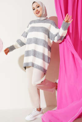 Yatay Çizgili Yumoş Triko Tunik Gri - Triko Tunik