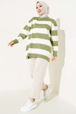 Yatay Çizgili Yumoş Triko Tunik Haki - Triko Tunik