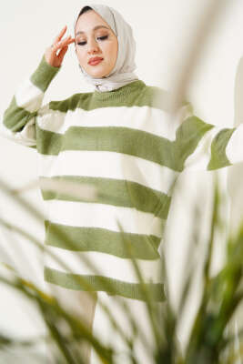 Yatay Çizgili Yumoş Triko Tunik Haki 
