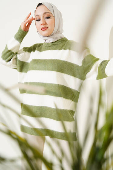 Yatay Çizgili Yumoş Triko Tunik Haki - Tunik