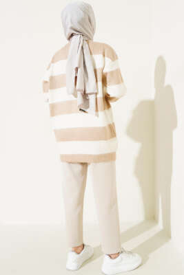 Yatay Çizgili Yumoş Triko Tunik Latte - Triko Tunik