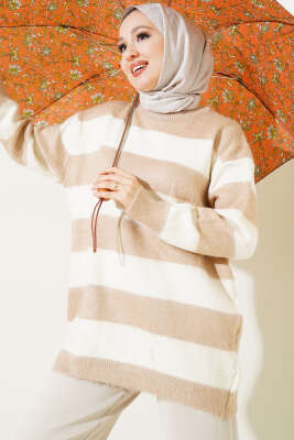 Yatay Çizgili Yumoş Triko Tunik Latte 