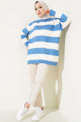 Yatay Çizgili Yumoş Triko Tunik Mavi - Triko Tunik