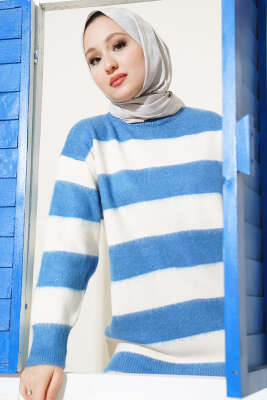 Yatay Çizgili Yumoş Triko Tunik Mavi 
