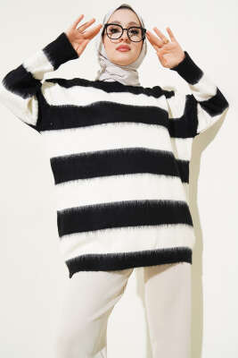 Yatay Çizgili Yumoş Triko Tunik Siyah 