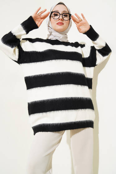 Yatay Çizgili Yumoş Triko Tunik Siyah - Tunik