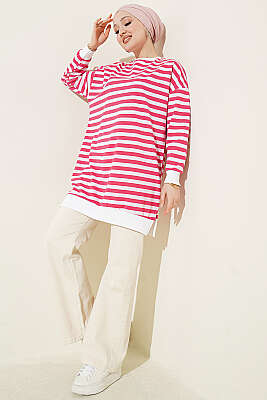 Yatay Geniş Çizgili Tunik Fuşya - ELFİDA TEKSTİL