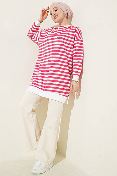 Yatay Geniş Çizgili Tunik Fuşya - Tunik