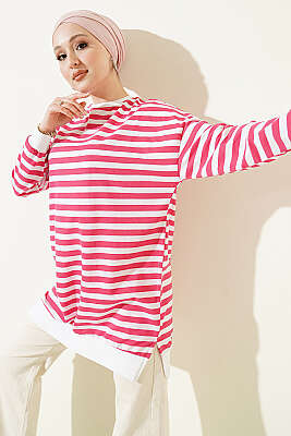 Yatay Geniş Çizgili Tunik Fuşya - Tunik