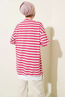 Yatay Geniş Çizgili Tunik Fuşya - Tunik