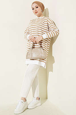 Yatay Geniş Çizgili Tunik Latte - Tunik