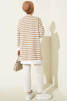 Yatay Geniş Çizgili Tunik Latte - Tunik