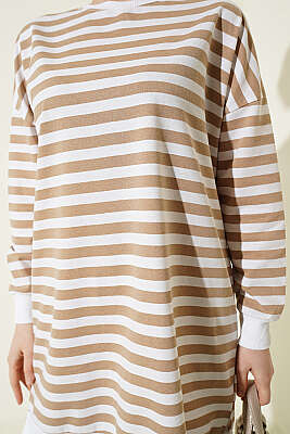 Yatay Geniş Çizgili Tunik Latte - Tunik
