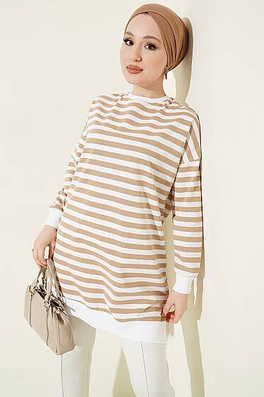 Yatay Geniş Çizgili Tunik Latte - Yılın Fırsatı