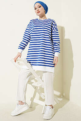 Yatay Geniş Çizgili Tunik Saks - Tunik