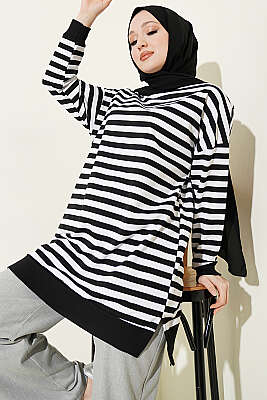 Yatay Geniş Çizgili Tunik Siyah - ELFİDA TEKSTİL