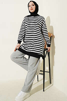 Yatay Geniş Çizgili Tunik Siyah - Tunik