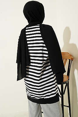 Yatay Geniş Çizgili Tunik Siyah - Tunik
