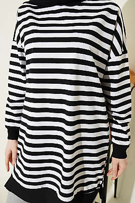 Yatay Geniş Çizgili Tunik Siyah - Tunik