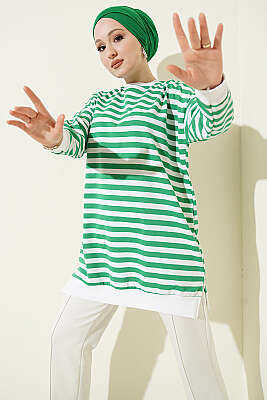 Yatay Geniş Çizgili Tunik Yeşil - ELFİDA TEKSTİL