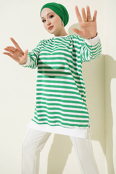 Yatay Geniş Çizgili Tunik Yeşil - Tunik