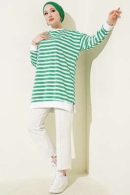 Yatay Geniş Çizgili Tunik Yeşil - Tunik