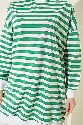 Yatay Geniş Çizgili Tunik Yeşil - Tunik