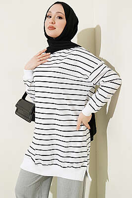 Yatay İnce Çizgili Ribanalı Tunik Beyaz - ELFİDA TEKSTİL