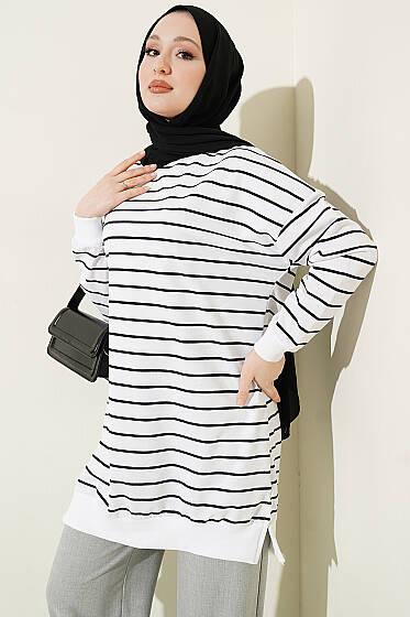 Yatay İnce Çizgili Ribanalı Tunik Beyaz - Tunik