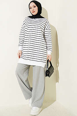 Yatay İnce Çizgili Ribanalı Tunik Beyaz - Tunik