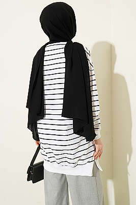 Yatay İnce Çizgili Ribanalı Tunik Beyaz - Tunik