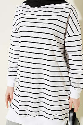 Yatay İnce Çizgili Ribanalı Tunik Beyaz - Tunik