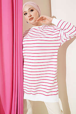 Yatay İnce Çizgili Ribanalı Tunik Fuşya - ELFİDA TEKSTİL