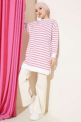 Yatay İnce Çizgili Ribanalı Tunik Fuşya - Tunik