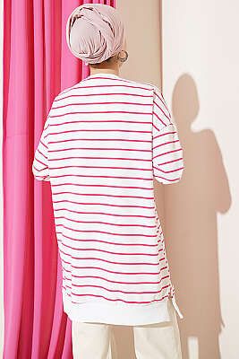 Yatay İnce Çizgili Ribanalı Tunik Fuşya - Tunik