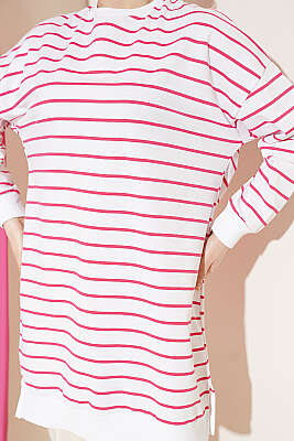 Yatay İnce Çizgili Ribanalı Tunik Fuşya - Tunik