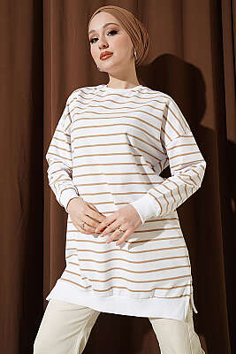 Yatay İnce Çizgili Ribanalı Tunik Latte - ELFİDA TEKSTİL