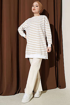 Yatay İnce Çizgili Ribanalı Tunik Latte - Tunik
