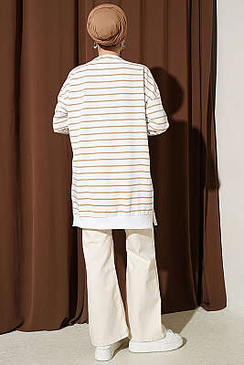 Yatay İnce Çizgili Ribanalı Tunik Latte - Tunik