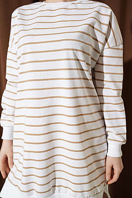 Yatay İnce Çizgili Ribanalı Tunik Latte - Tunik