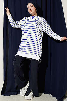 Yatay İnce Çizgili Ribanalı Tunik Saks - Tunik